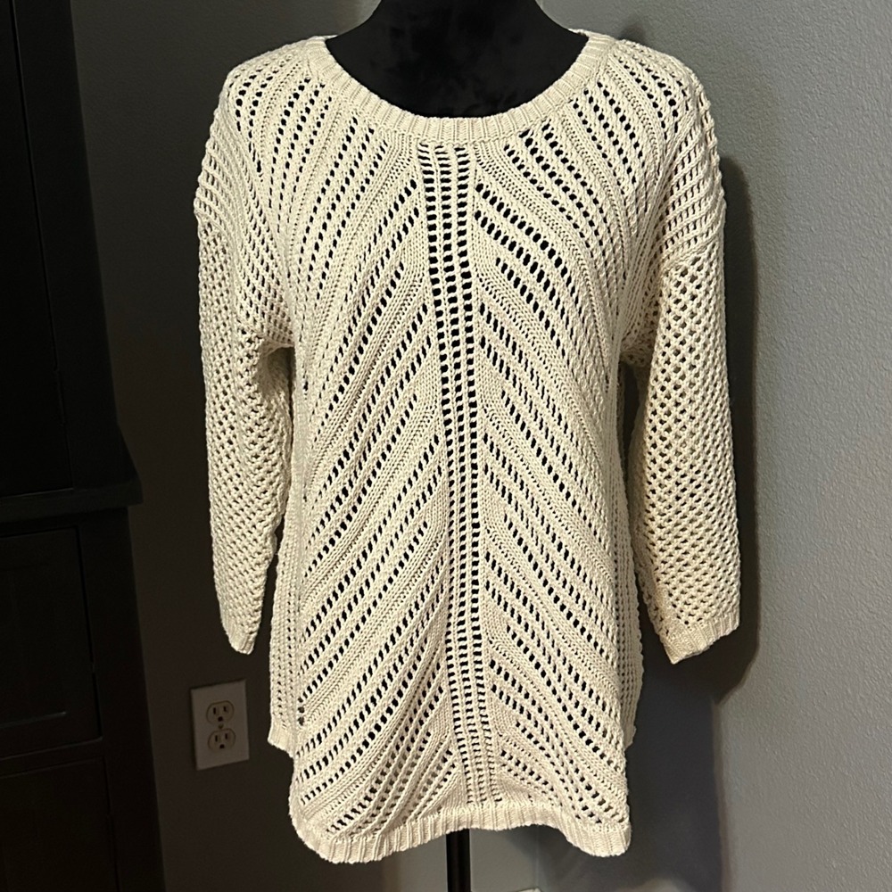 Chelsea & Theodore Open Knit Sweater Large Boho Coastal Chunky 3/4 Sleeve